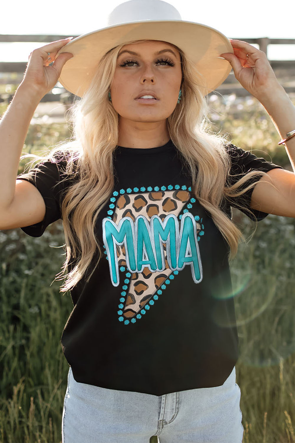 Black Western MAMA Leopard Lightning Graphic Tee - loveforevers