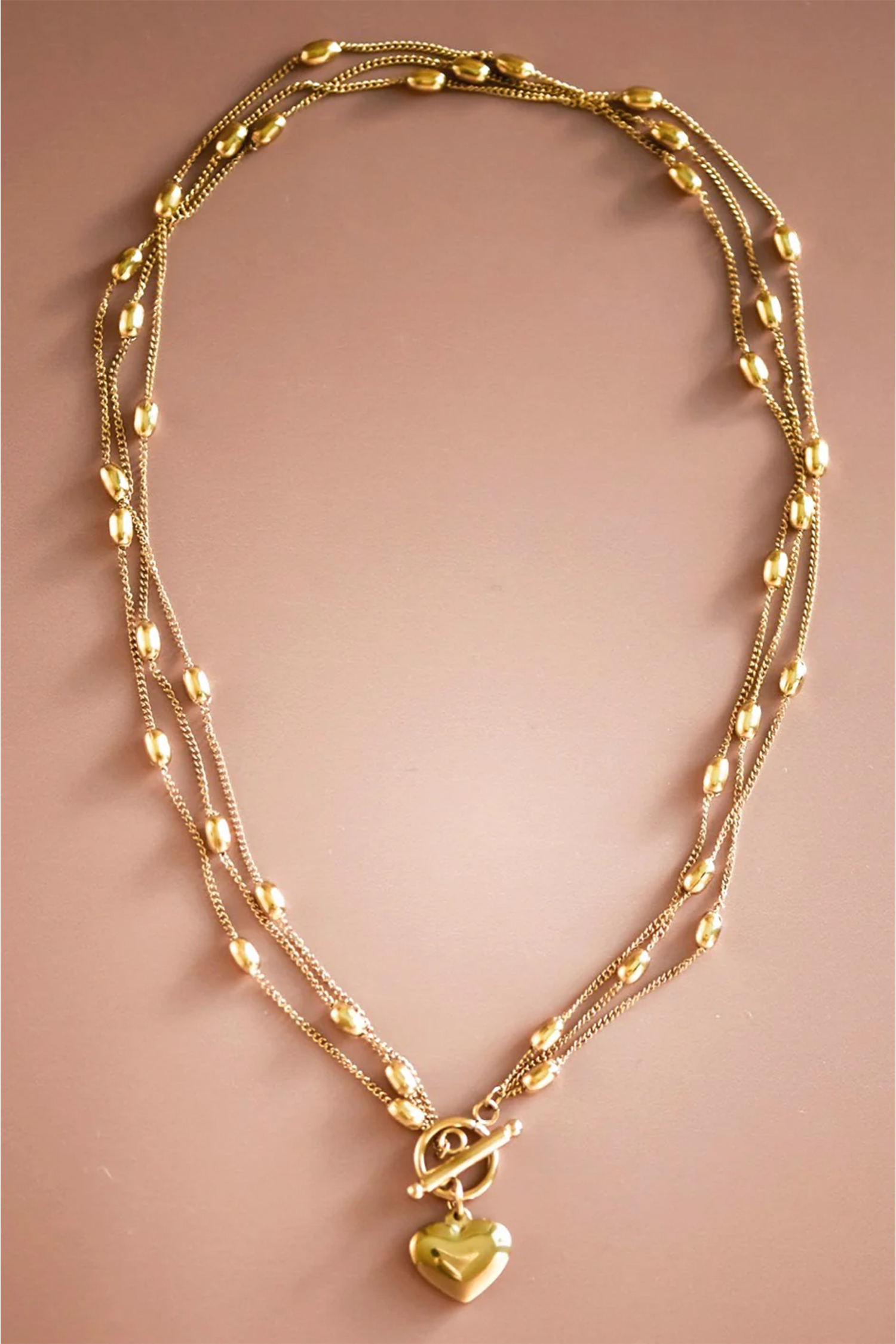 Gold Heart Toggle Charm Beaded Chain Triple Layered Necklace - loveforevers