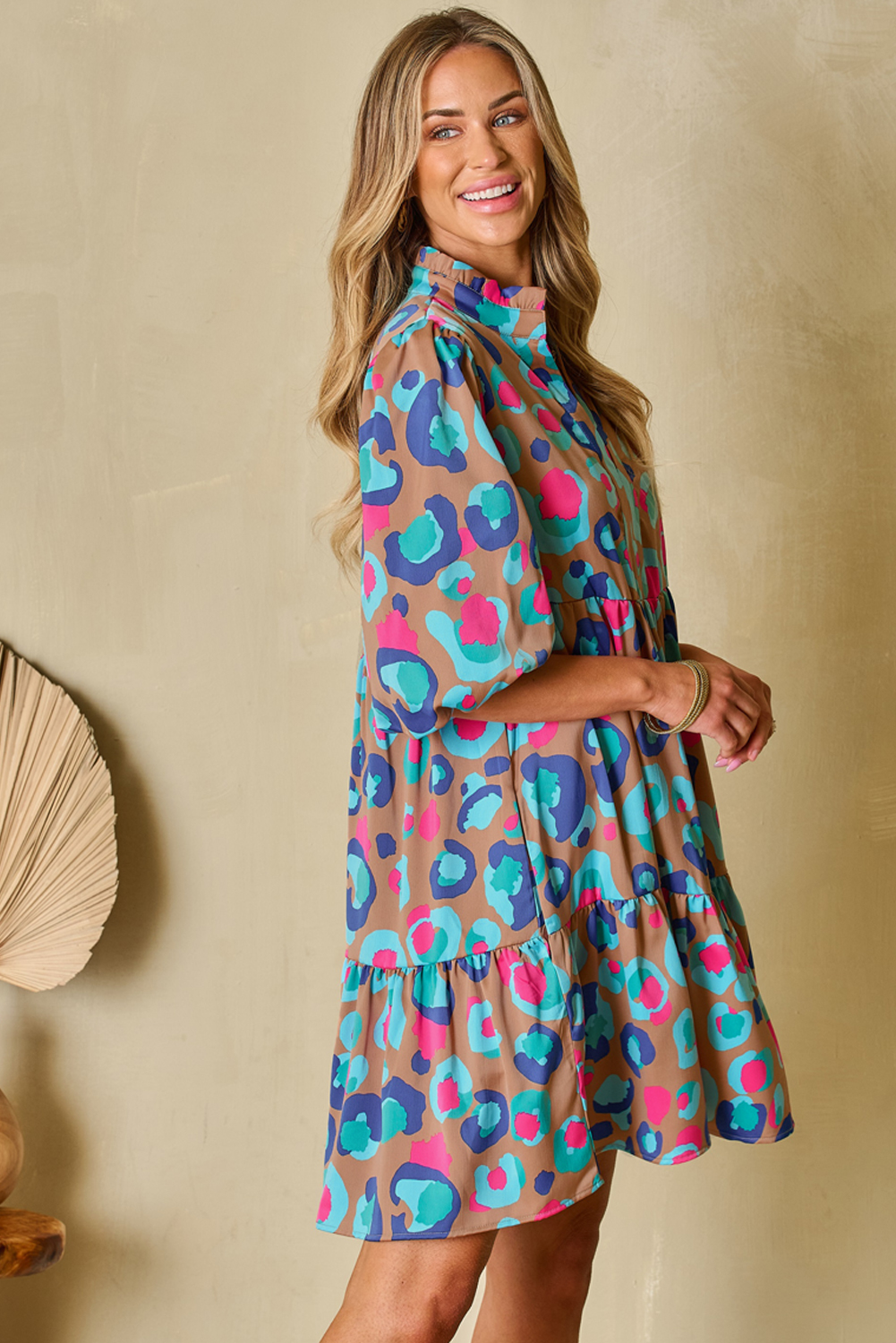 Green Leopard Print Bubble Sleeve Slit Neck Ruffled Dress - loveforevers