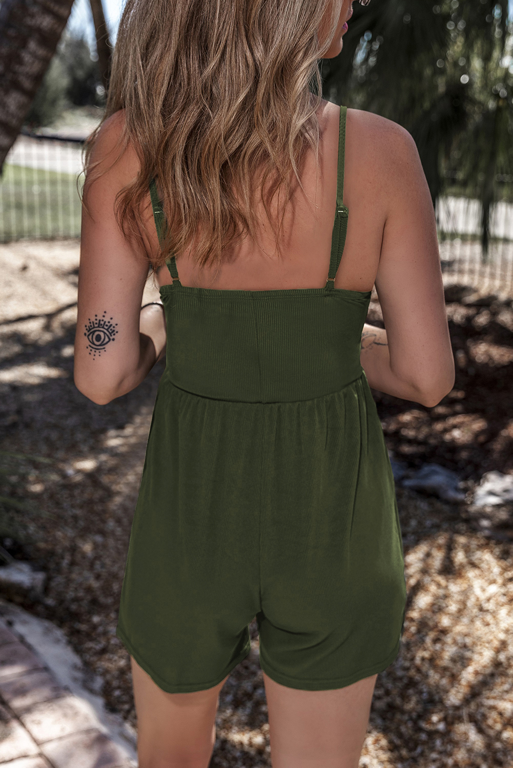 Moss Green Spaghetti Straps Cinched Waist Ribbed Romper - loveforevers