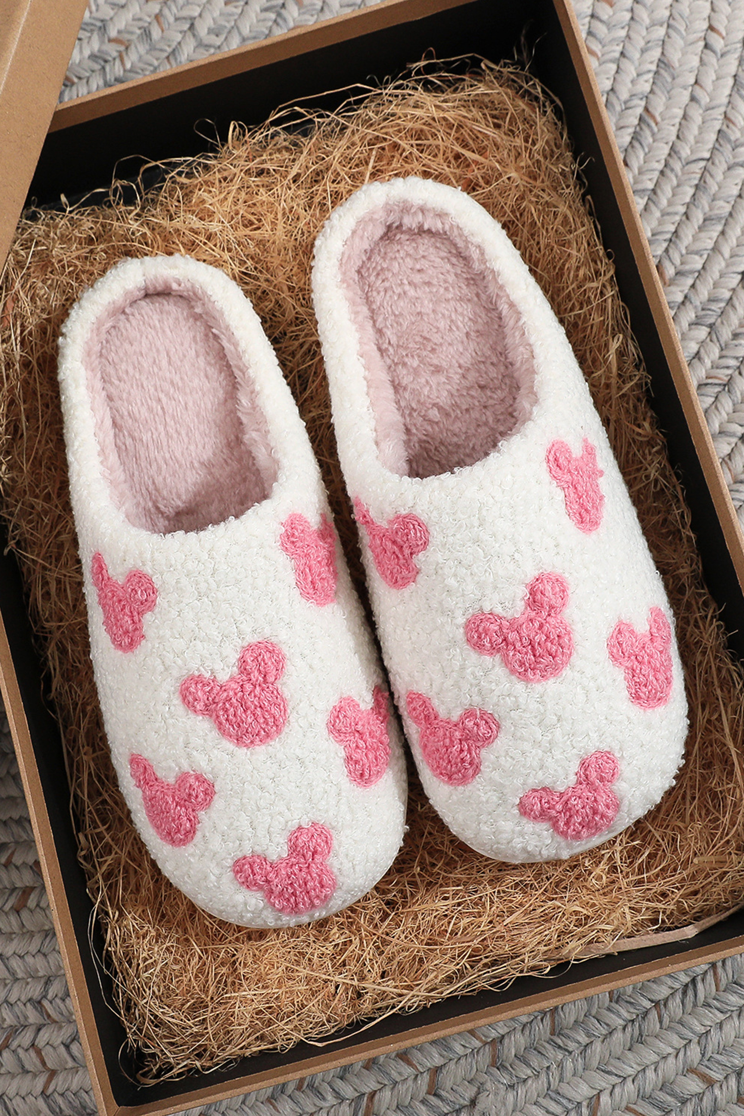 White Mickey Mouse Cartoon Head Pattern Plush House Slippers - loveforevers