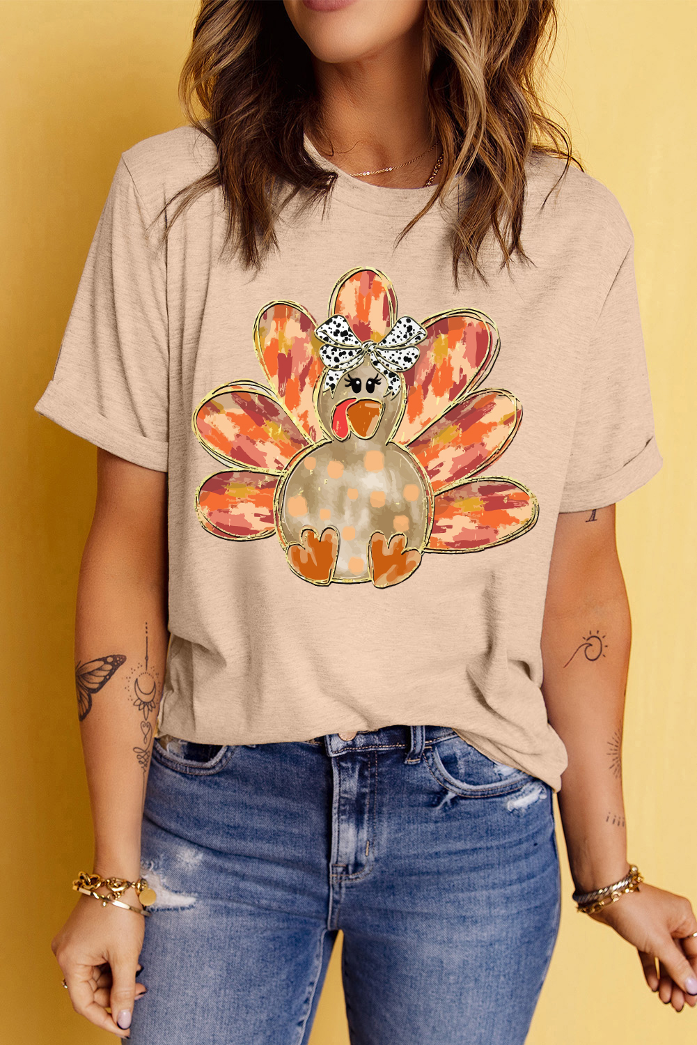Khaki Thanksgiving Bowknot Turkey Graphic Crewneck Tee - loveforevers