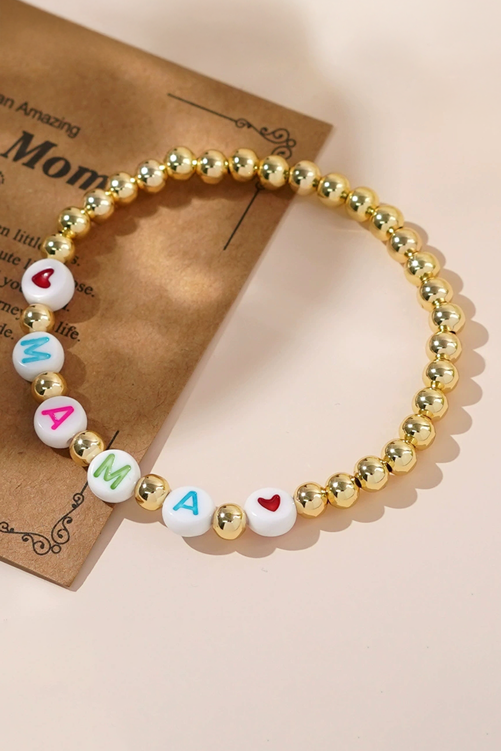 Gold MAMA Heart Beaded Elastic Bracelet - loveforevers