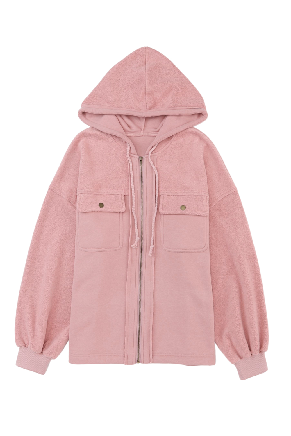 Pink Flap Pocket Drawstring Hood Zip Up Jacket - loveforevers