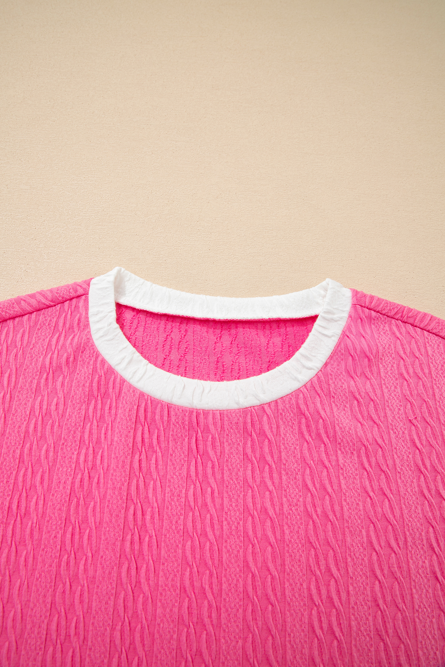 Bright Pink Textured Color Block Trim Loose Tee Drawstring Shorts 2pcs Set - loveforevers