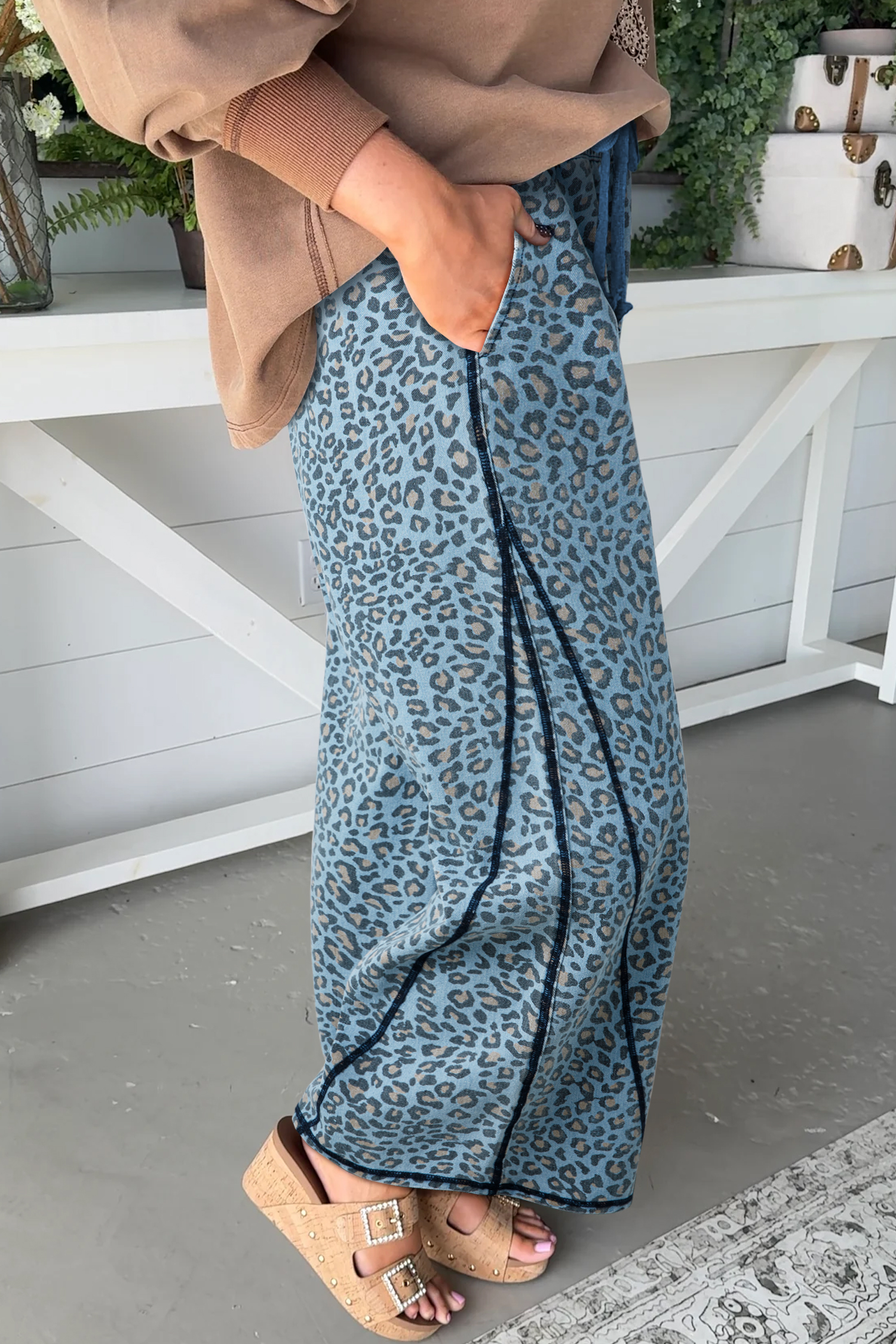 Blue Leopard Print Exposed Seam Detail Wide Leg Drawstring Jeans - loveforevers