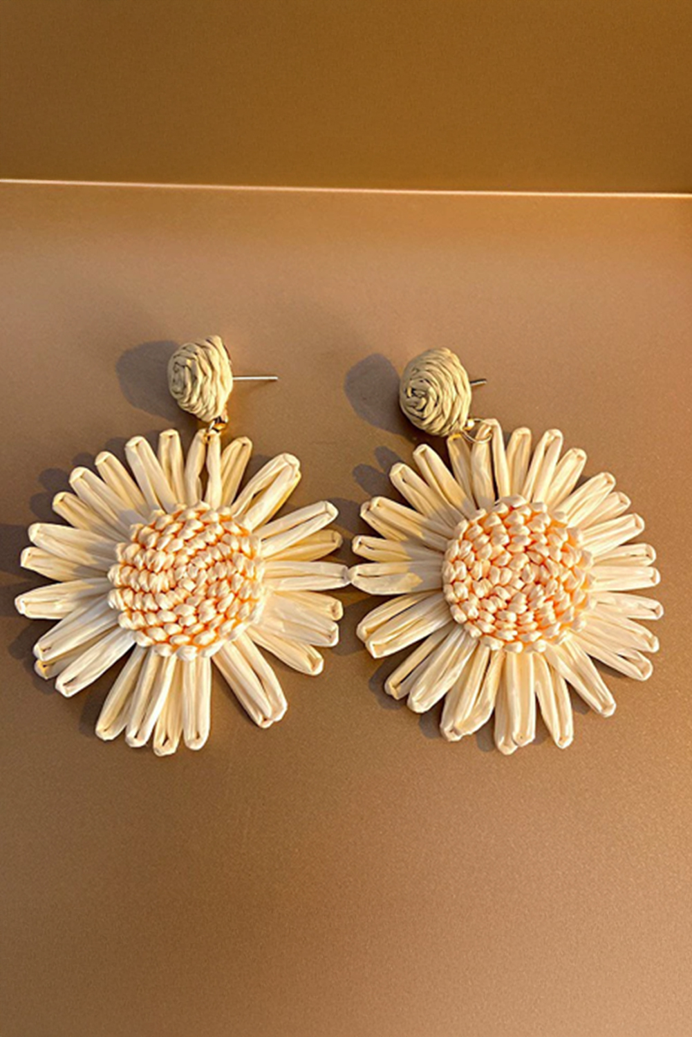 White Boho Raffia Crochet Sunflower Dangle Earrings - loveforevers