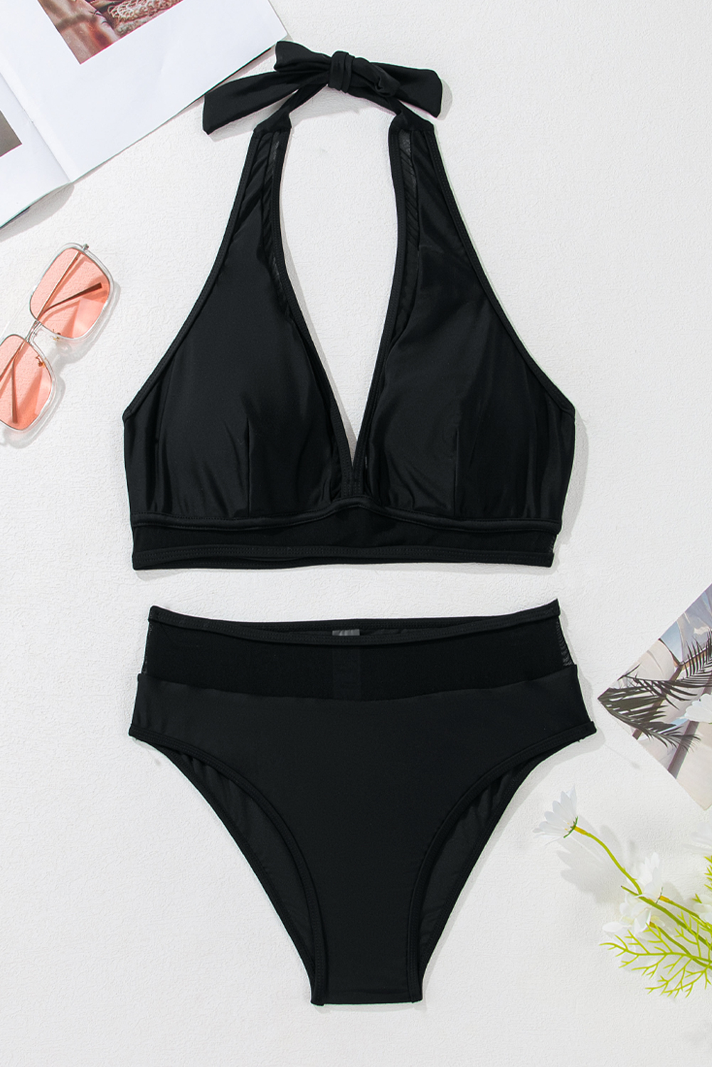 Black Sheer Mesh Edged Halter V Neck Push Up Bikini - loveforevers