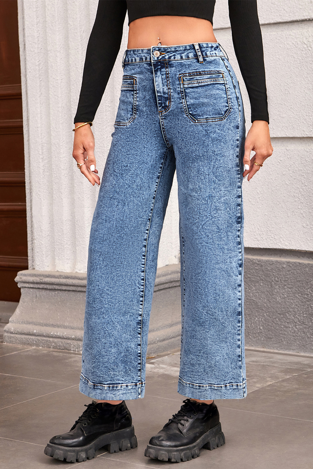 Light Blue Chic Patch Pocket Straight Leg Loose Jeans - loveforevers