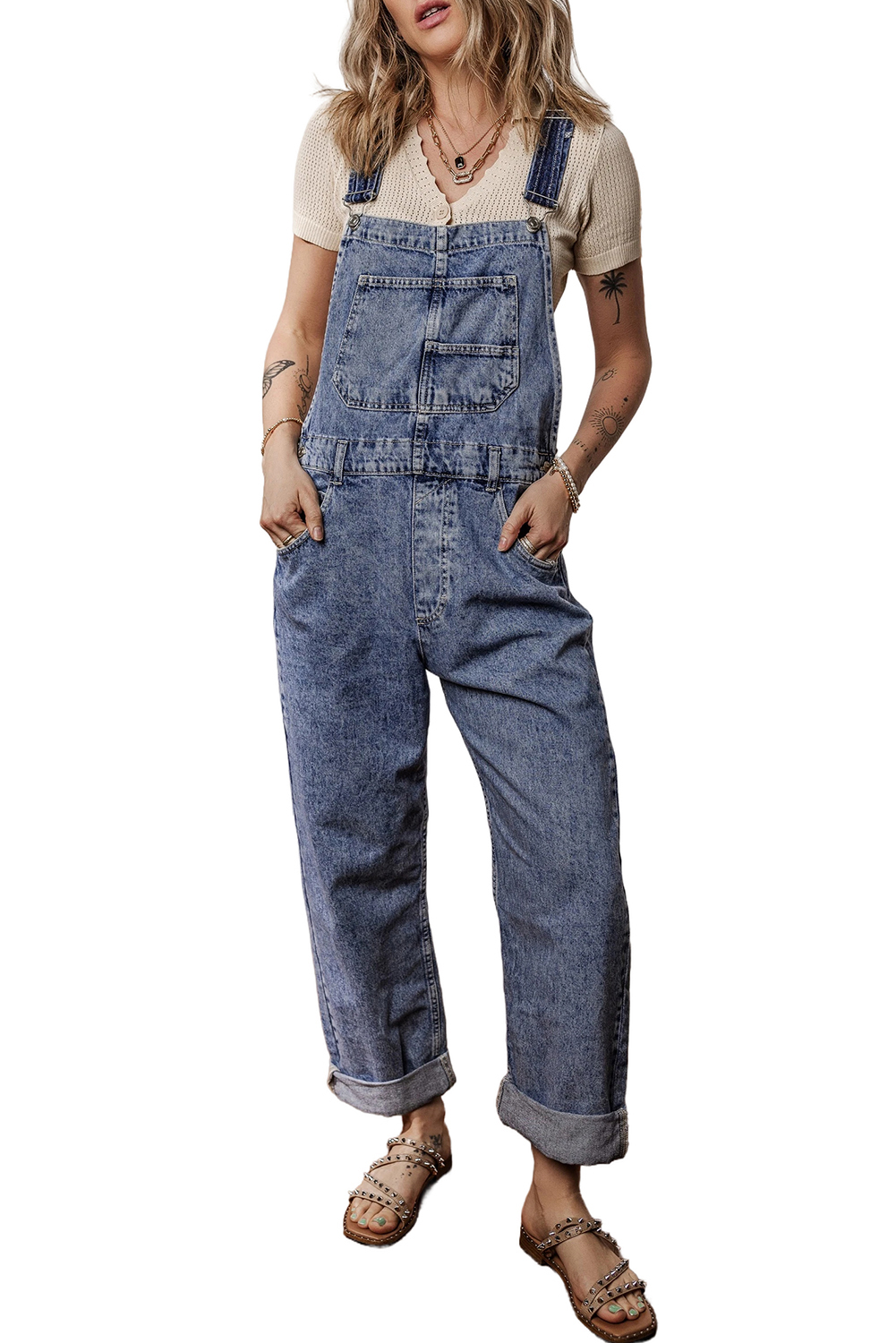 Sail Blue Denim Bib Straight Leg Jumpsuit with Pockets - loveforevers