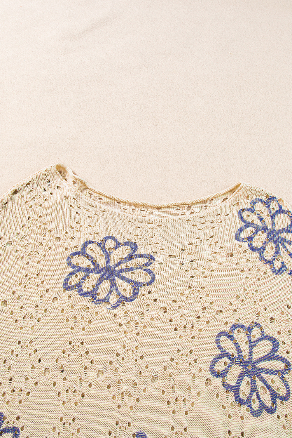 Beige Contrast Flower Print Eyelet Drop Shoulder Sweater - loveforevers