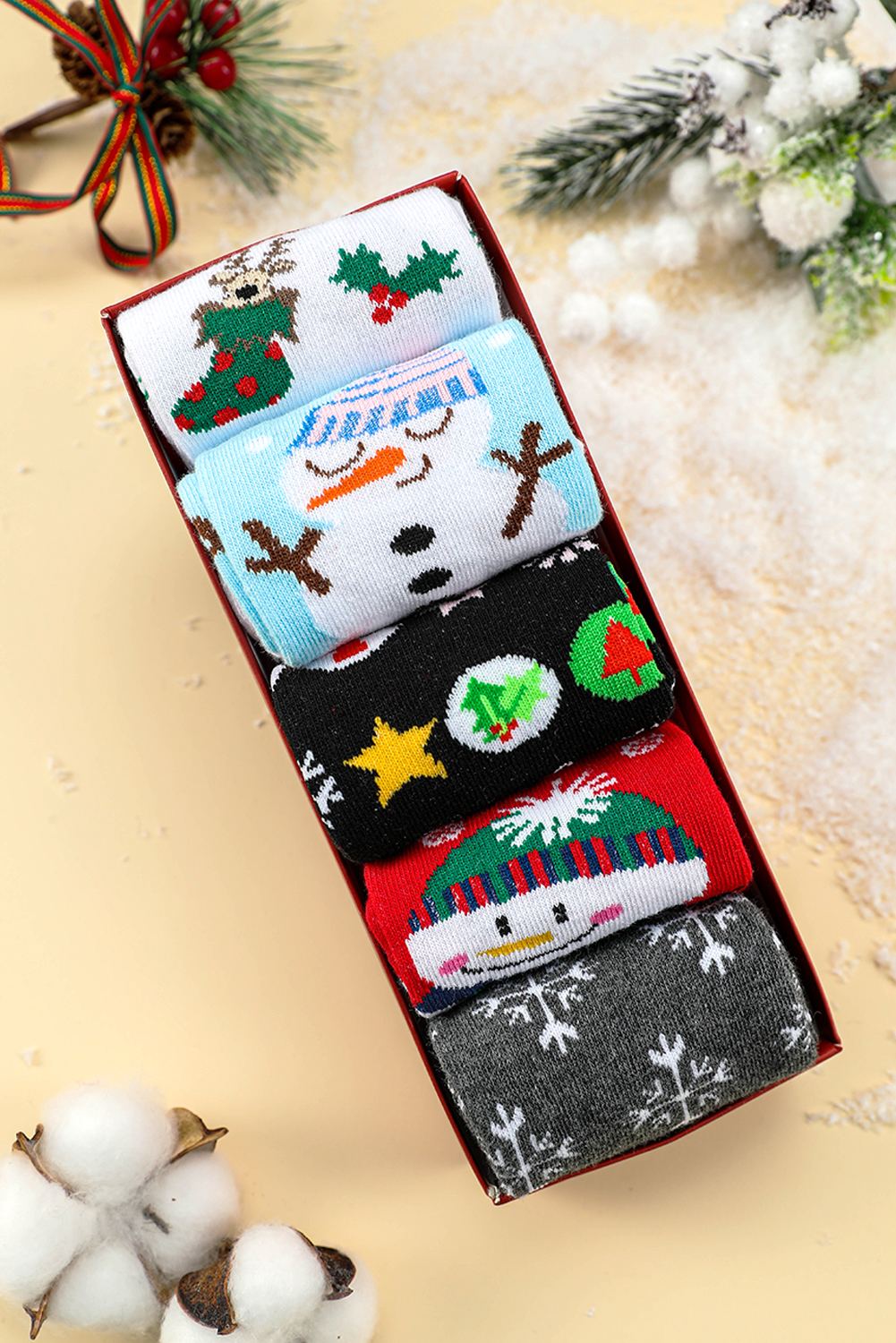 White Christmas Cartoon Pattern 5 Pairs/Set Socks Set with Box - loveforevers