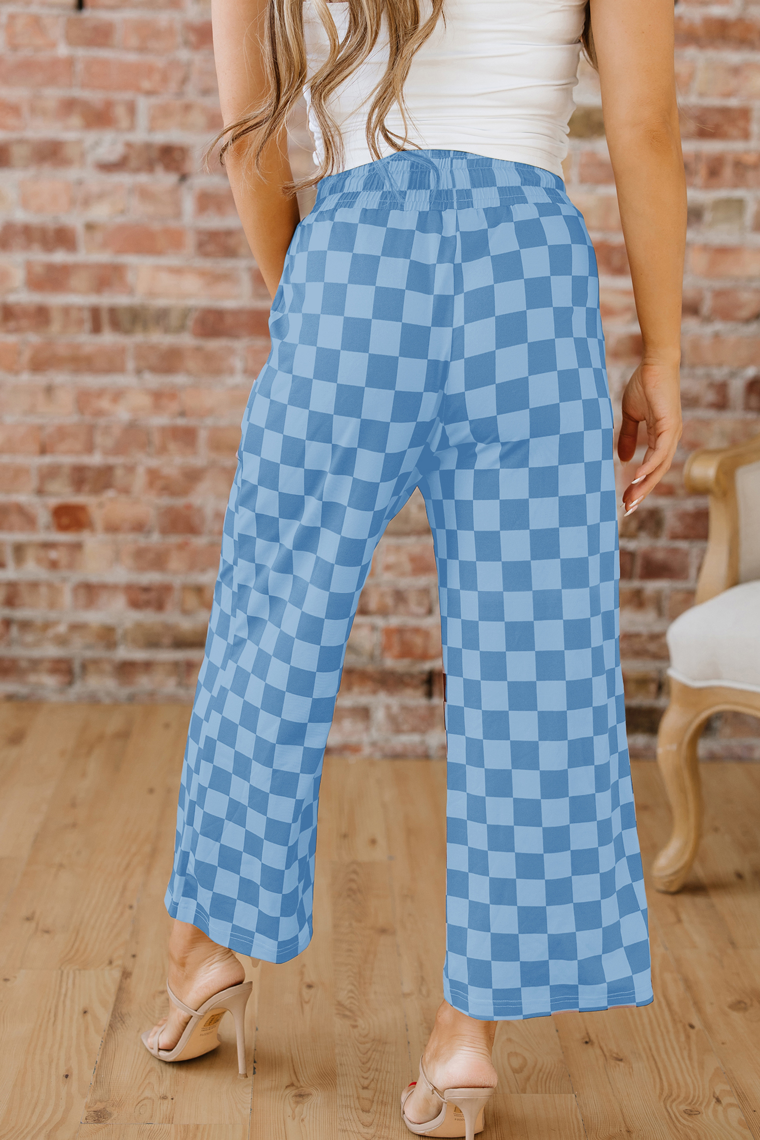 Khaki Checkered Elastic High Waist Loose Casual Pants - loveforevers