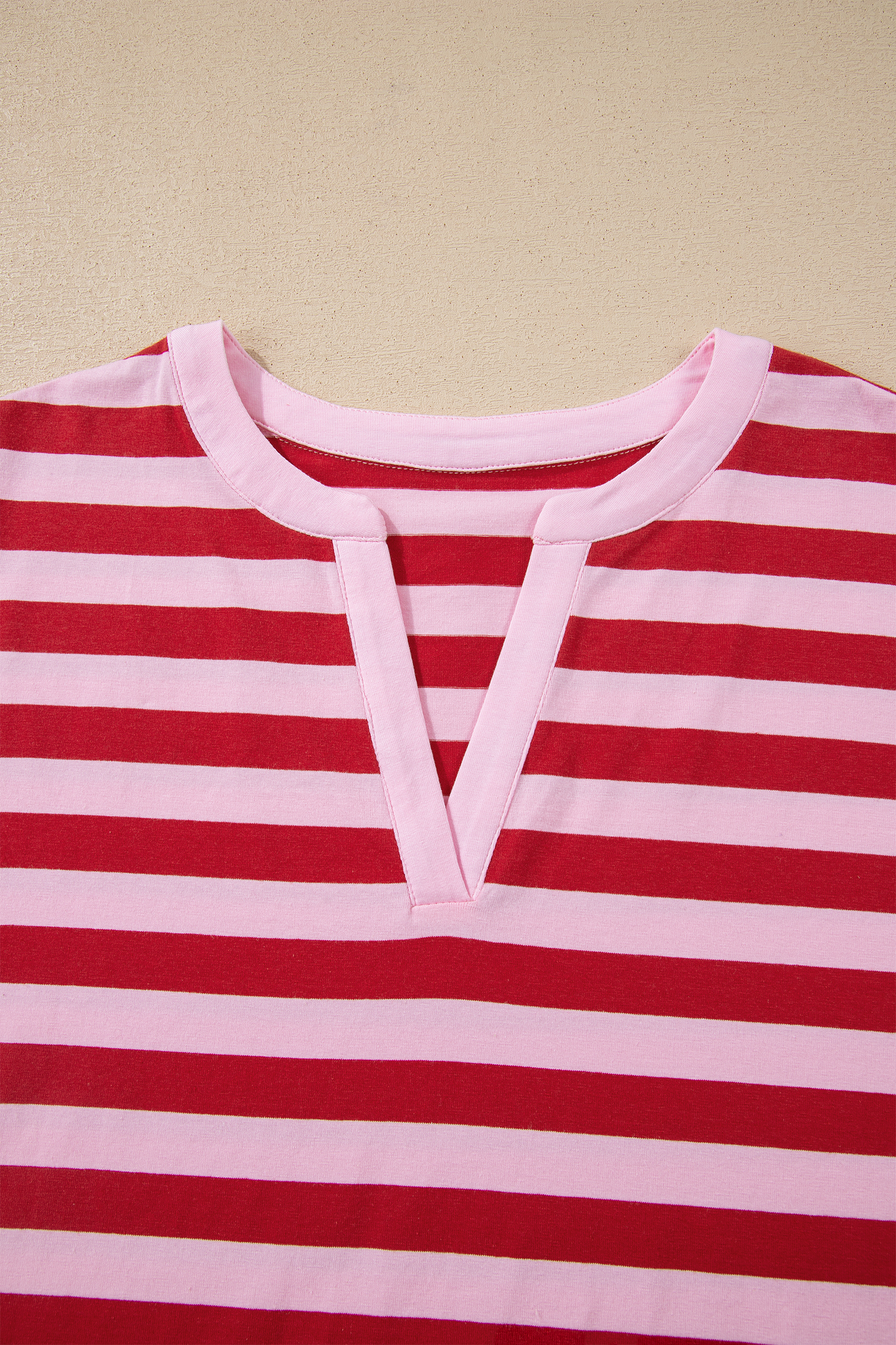 Pink Stripe Split V Neck Casual T Shirt - loveforevers