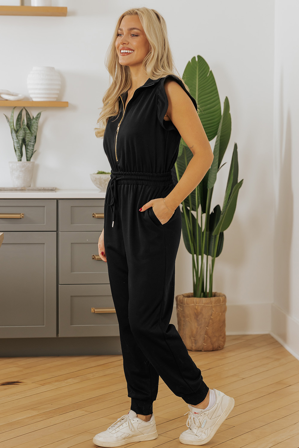 Black Zipper Flutter Sleeve Drawstring Elastic Waistband Jumpsuit - loveforevers