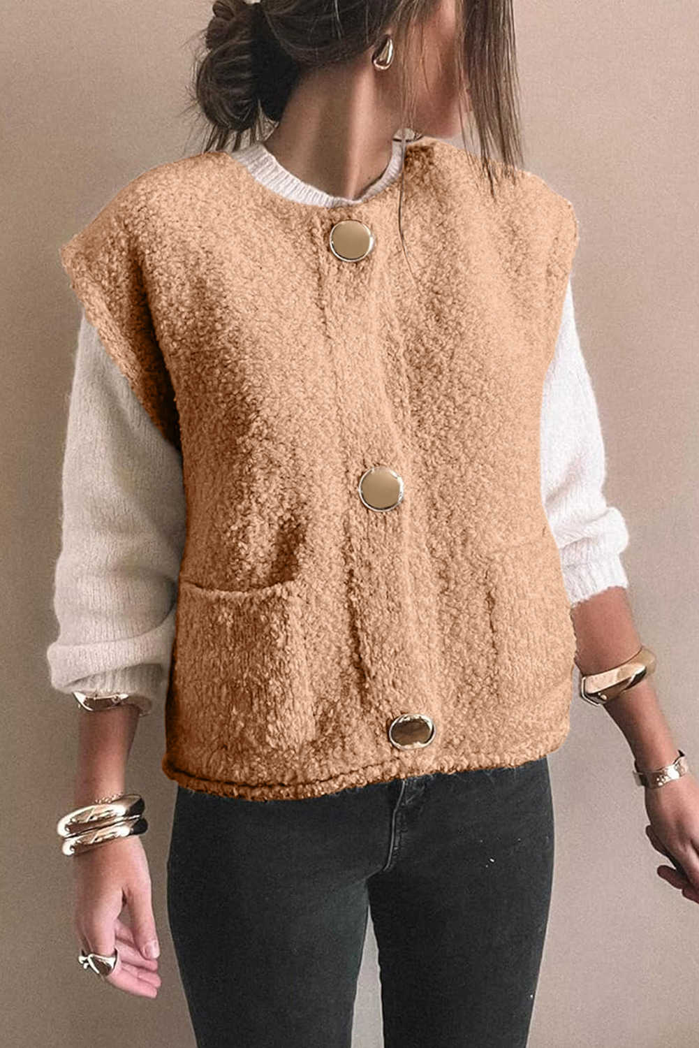 Light French Beige Big Button Accent Fuzzy Pocket Vest - loveforevers