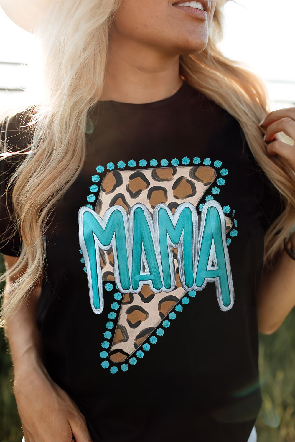 Black Western MAMA Leopard Lightning Graphic Tee - loveforevers