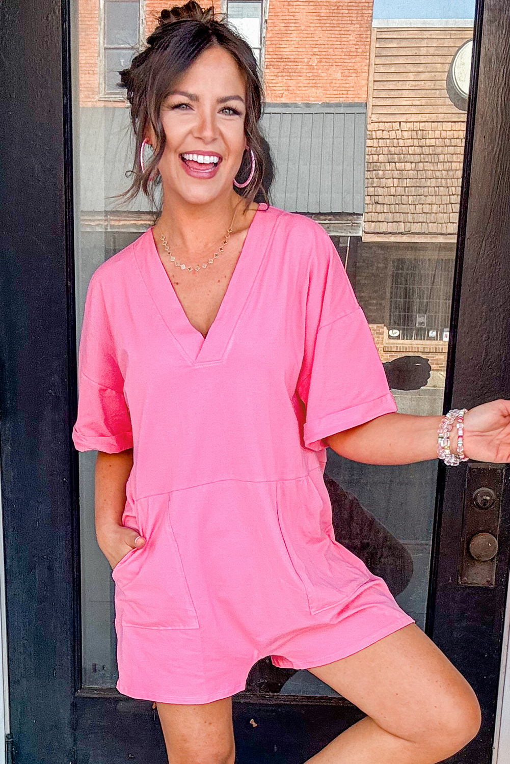 Bonbon Loose Half Sleeve V Neck Knit Romper - loveforevers