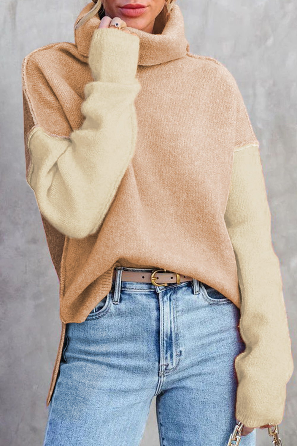 Pale Chestnut Color Block Turtle Neck Drop Shoulder Knit Sweater - loveforevers