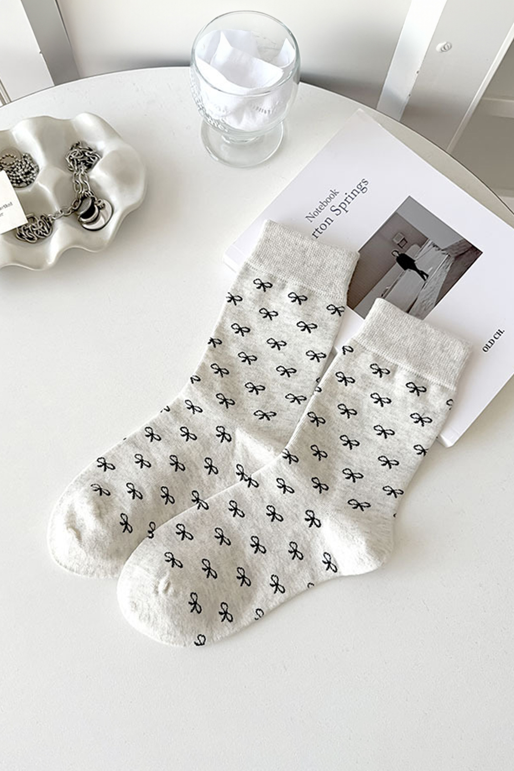 Black Bow Knots Ribbed Edge Crew Socks - loveforevers