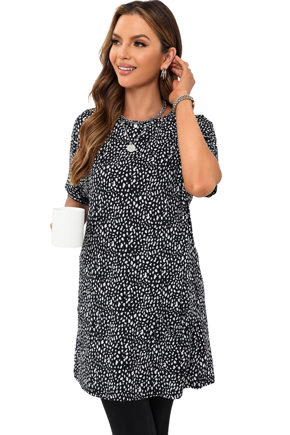 Black Leopard Print Side Pockets Tunic Top - loveforevers