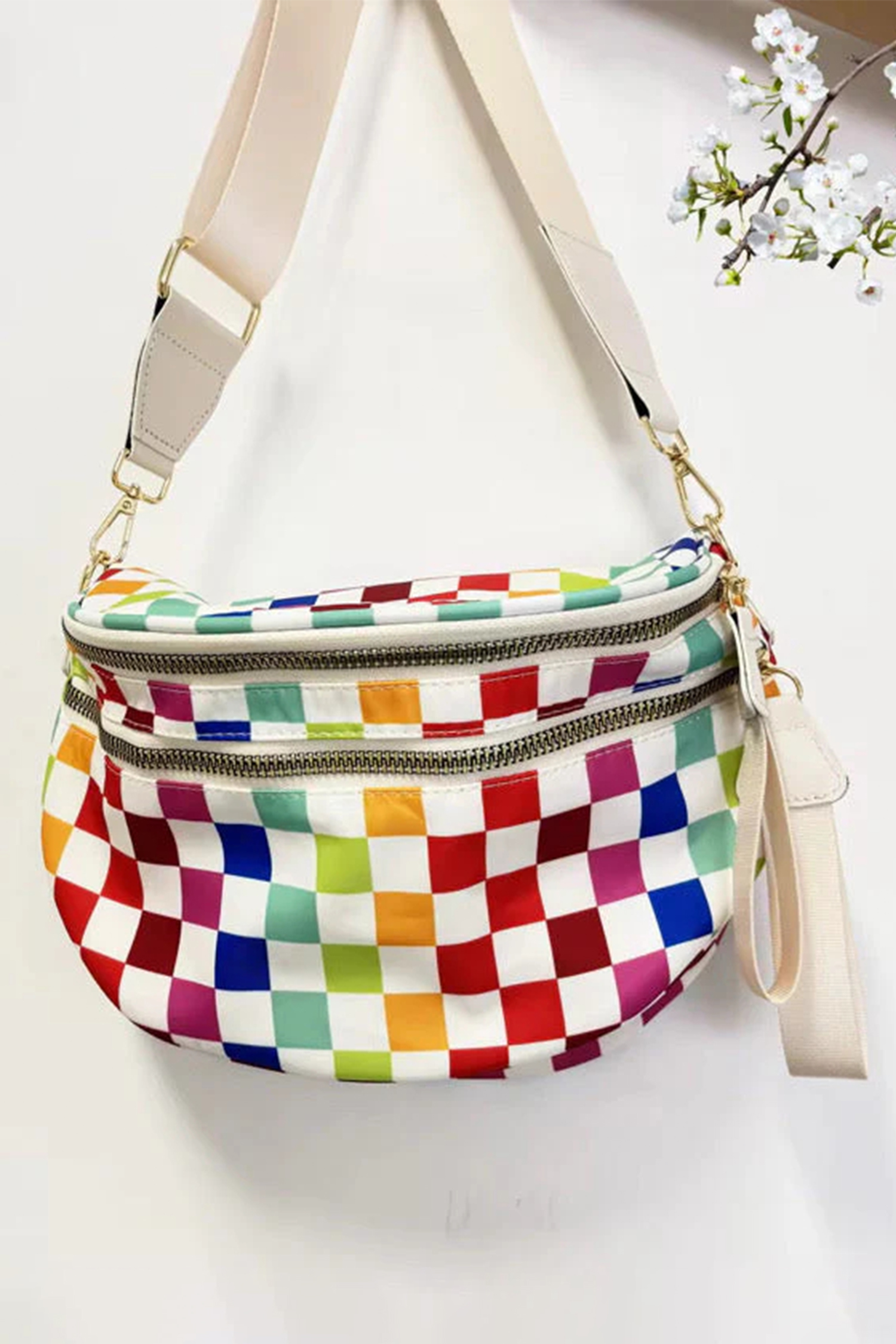 White Pretty Checkerboard Canvas Double Zip Crossbody Bag - loveforevers