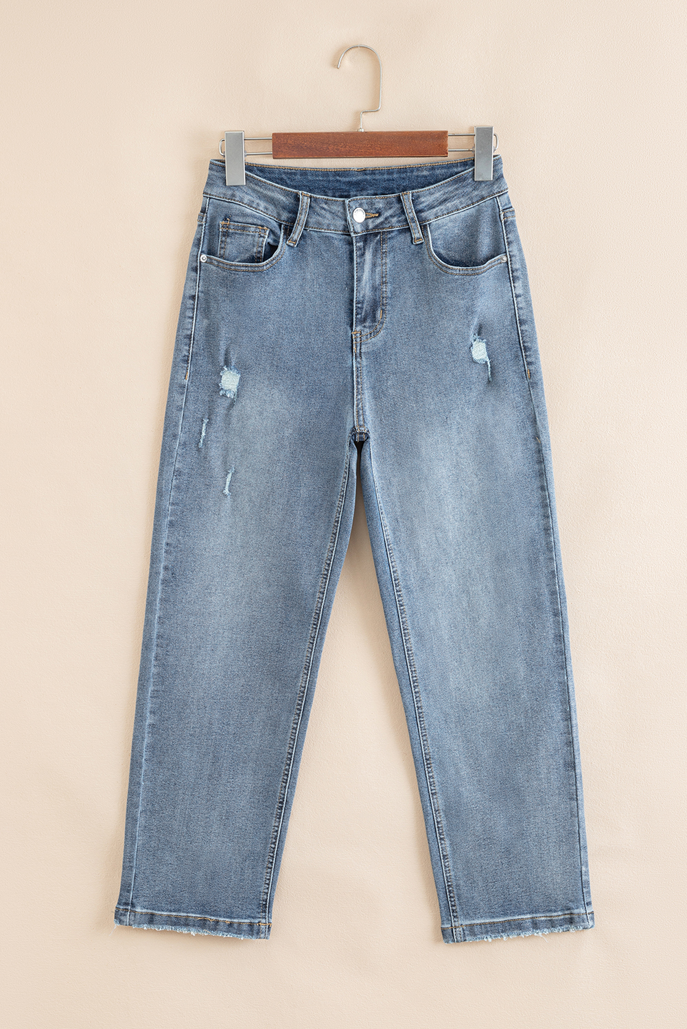 Beau Blue Slightly Distressed Ankle-length Straight Jeans - loveforevers