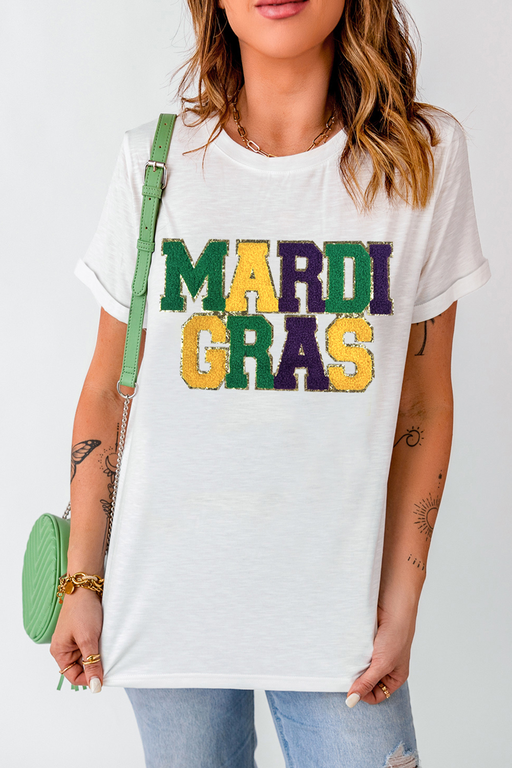 White Chenille MARDI GRAS Patched Graphic T Shirt - loveforevers