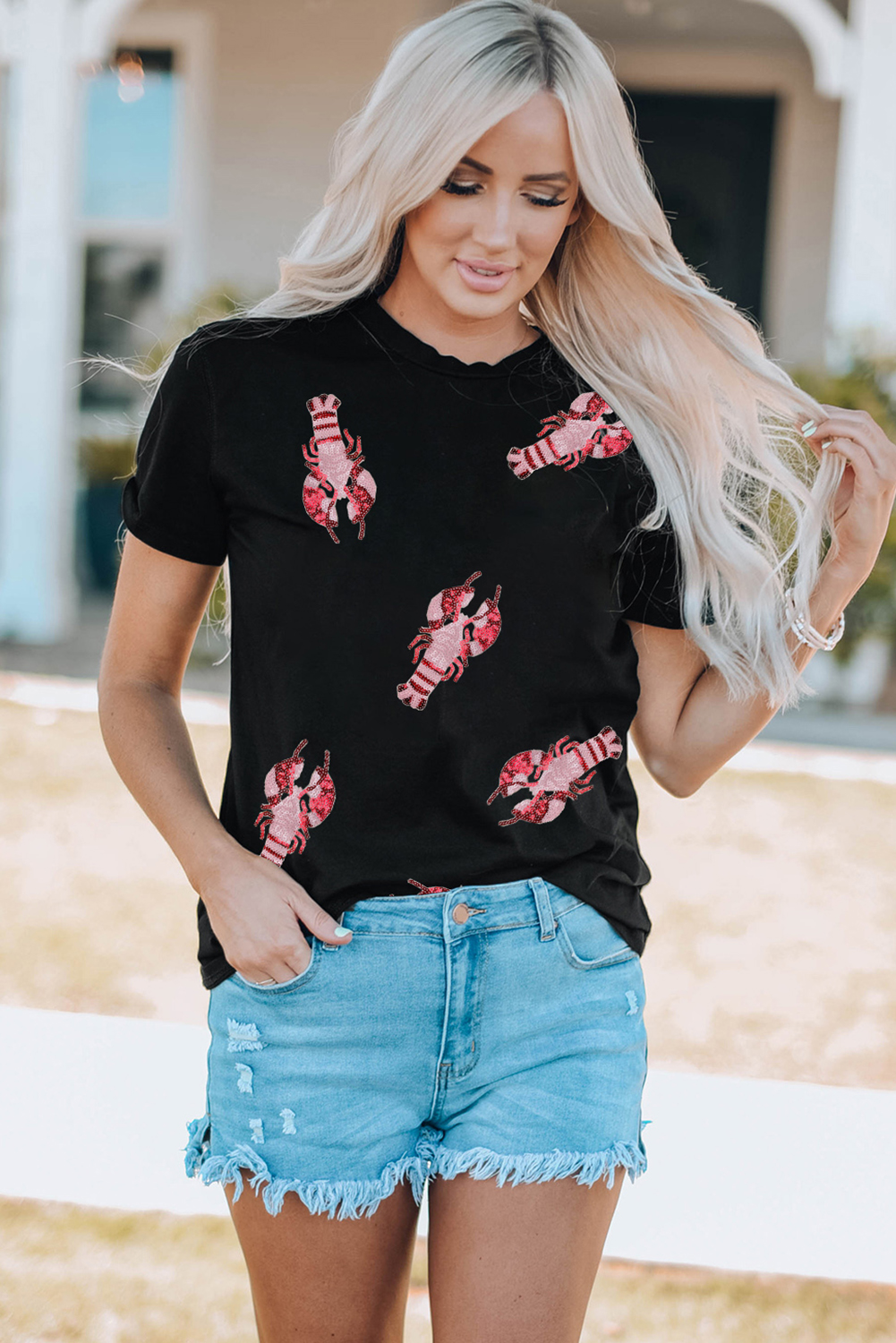 Black Sequined Crayfish Round Neck Graphic Tee - loveforevers