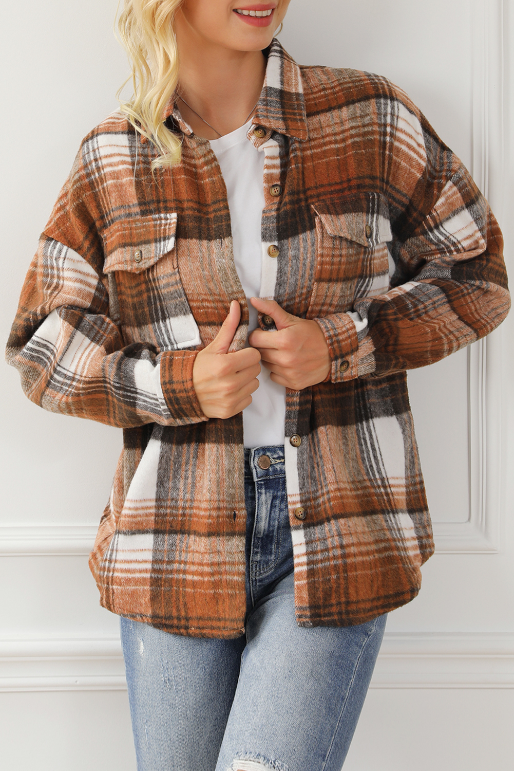 Brown Plaid Flap Pockets Shacket - loveforevers