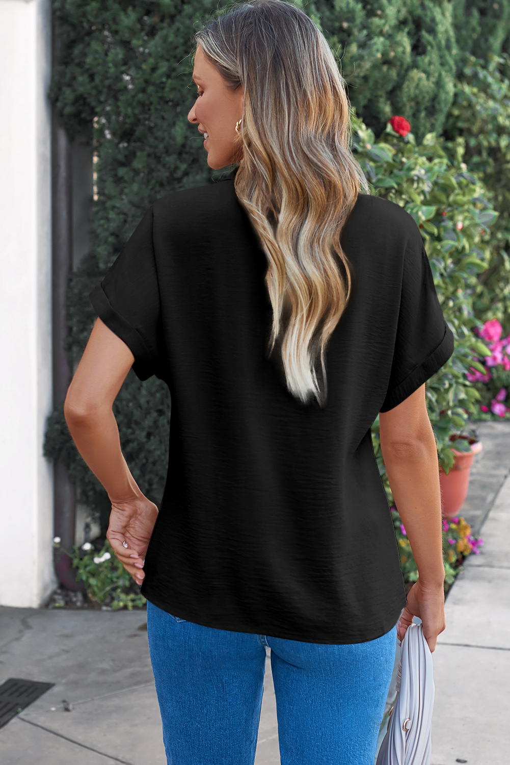 Black Notched Neck Batwing Sleeve Lightweight Blouse - loveforevers