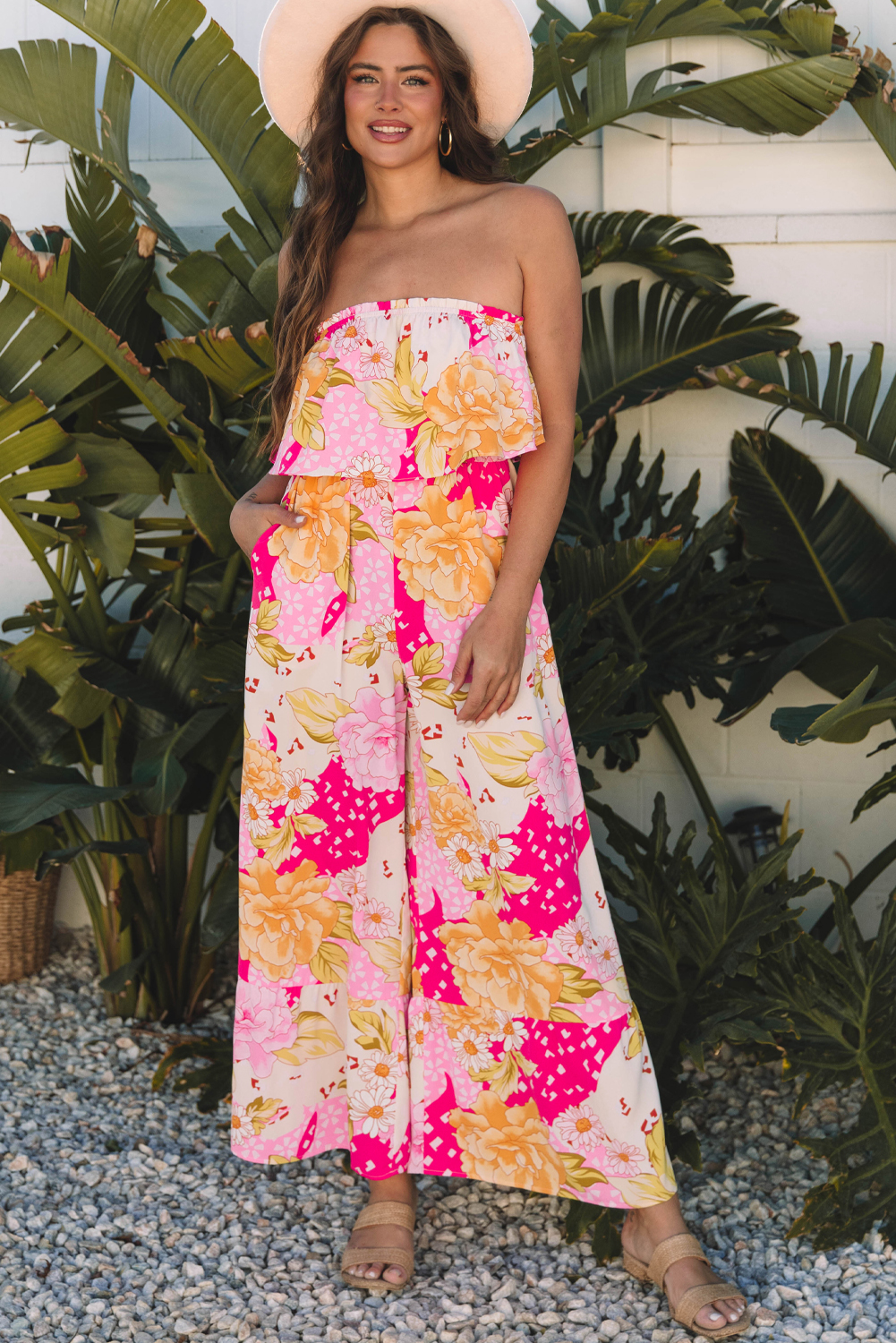 Multicolour Floral Print Ruffled High Waist Tube Top Loose Jumpsuit - loveforevers