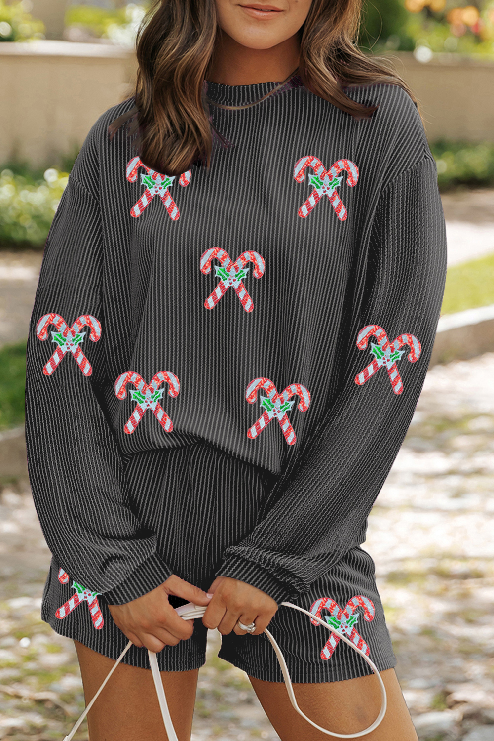 Carbon Grey Twisted Ribbed Sequin Holly Candy Cane Long Sleeve Top and Shorts 2pcs Outfit - loveforevers