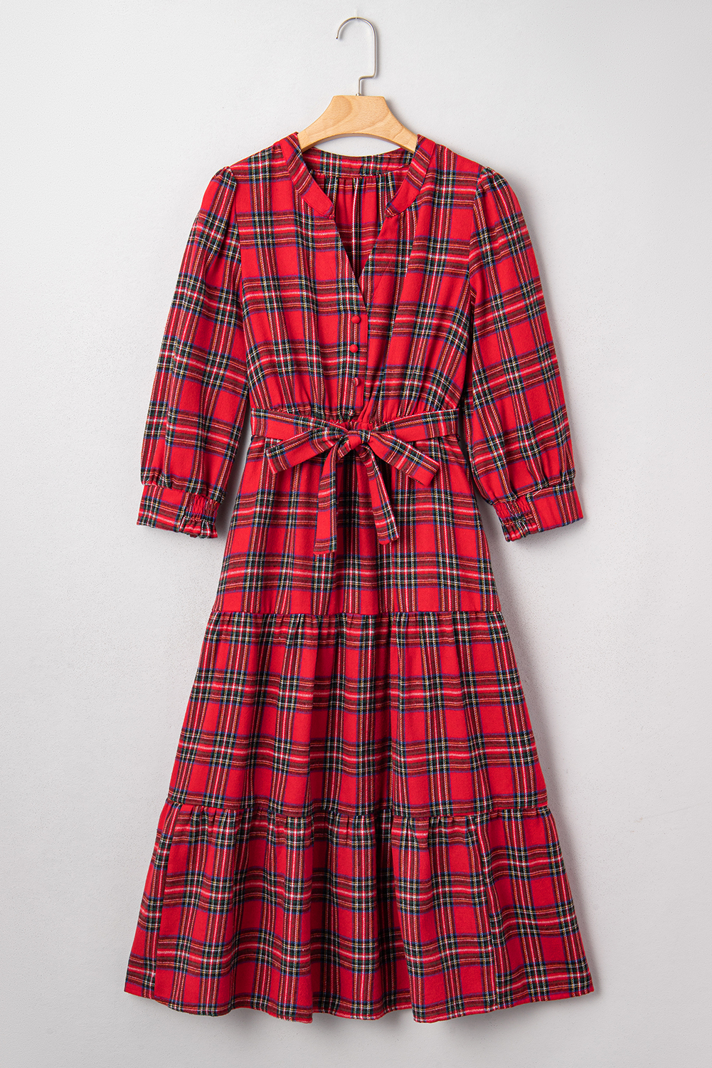 Red Christmas Plaid V Neck 3/4 Sleeve Tie Waist Ruffle Hem Long Dress - loveforevers
