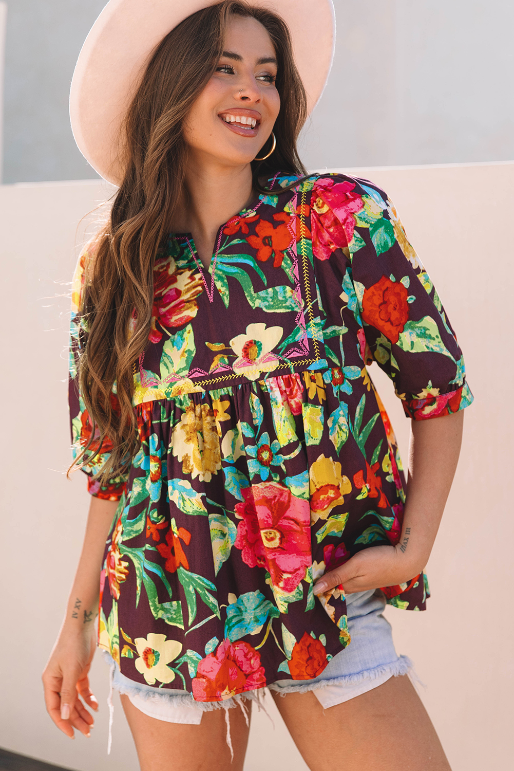 Greyish Purple Rose Flower Embroidered Trim Half Sleeve Blouse - loveforevers