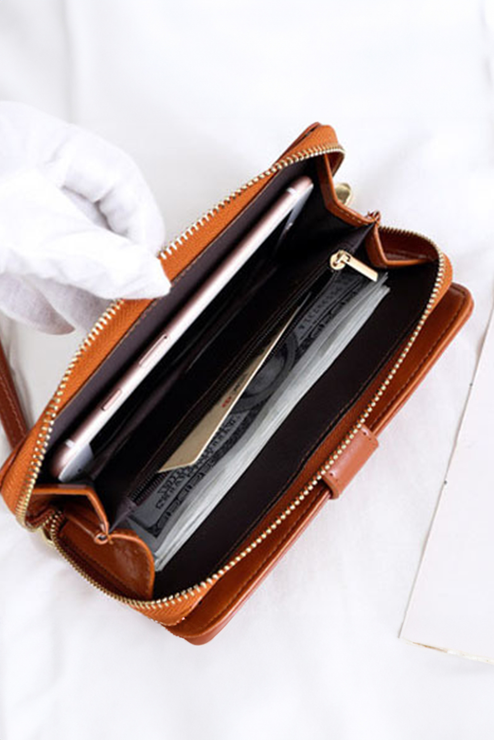 Cinnamon Faux Leather Zip Around Wrist Strap Long Wallet - loveforevers