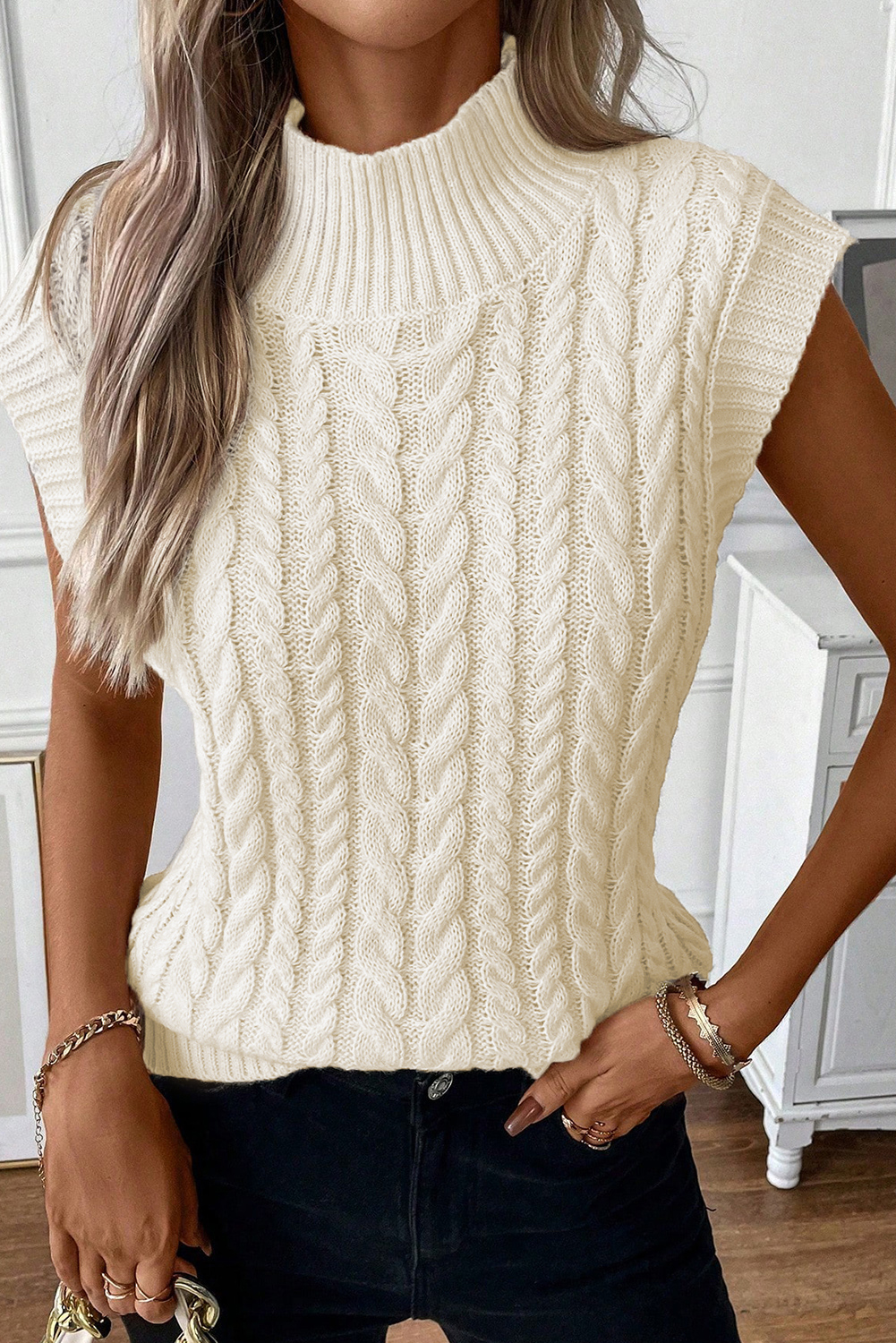 Oatmeal Cable Knit High Neck Sweater Vest - loveforevers