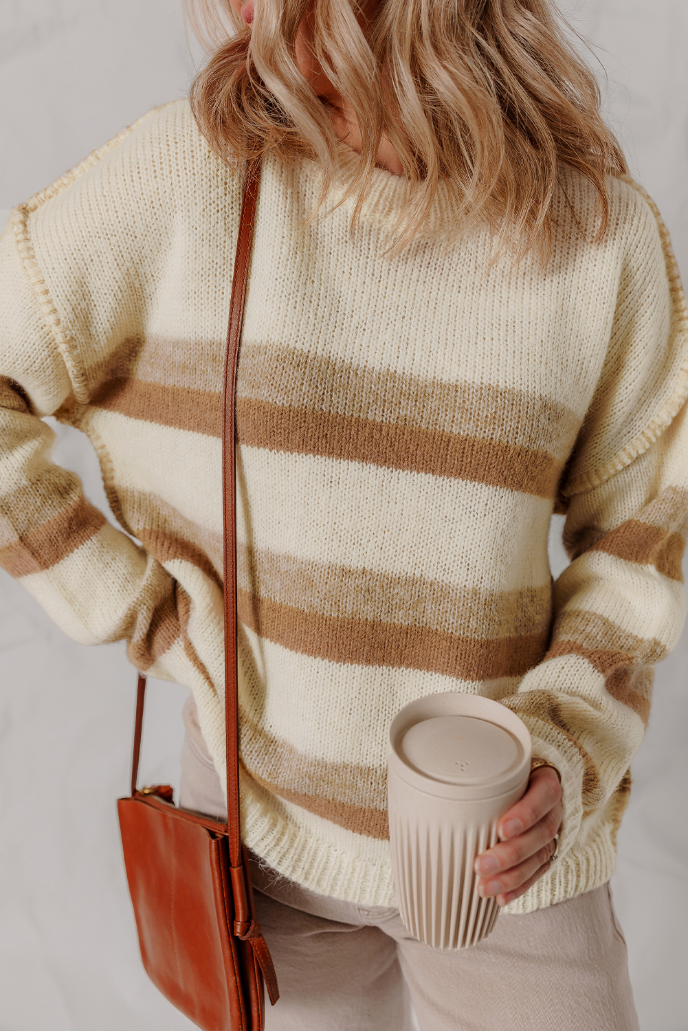 Khaki Stripe Exposed Seam Drop Shoulder Knit Baggy Sweater - loveforevers