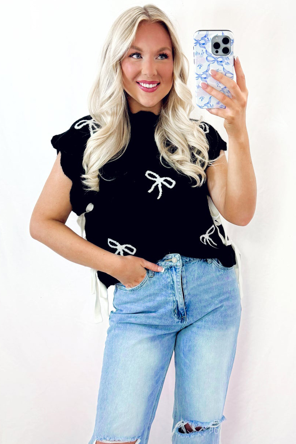 Black Bow Print Side Ties Scalloped Hem Sweater T Shirt - loveforevers