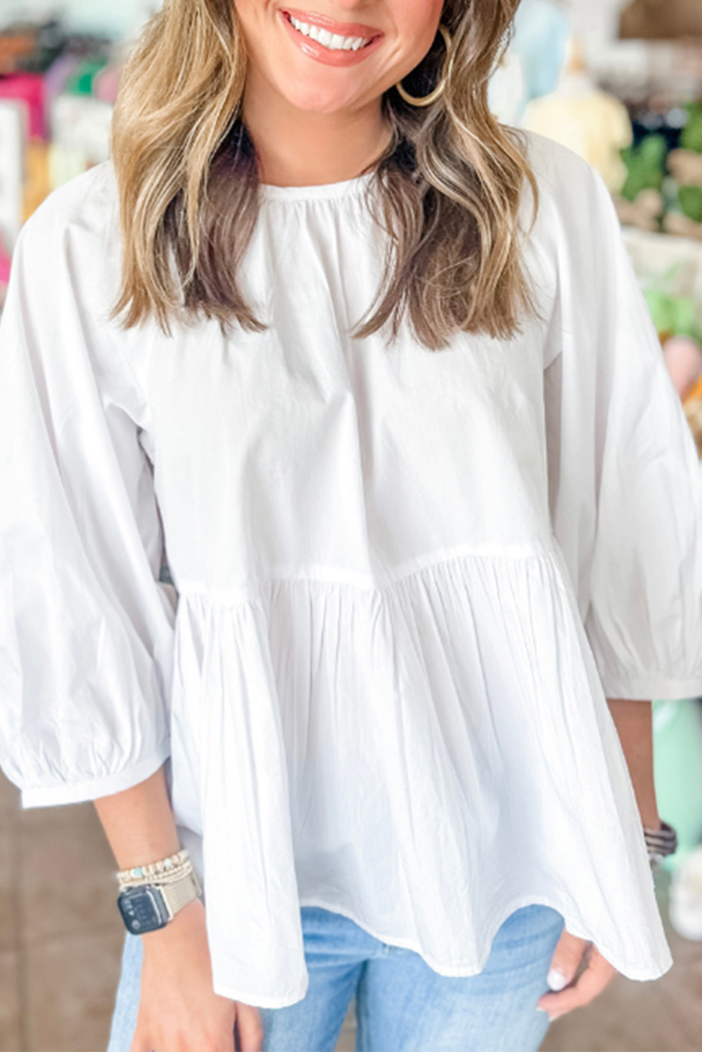 White Bow Knot Cutout Back Loose Fit 3/4 Sleeve Blouse - loveforevers