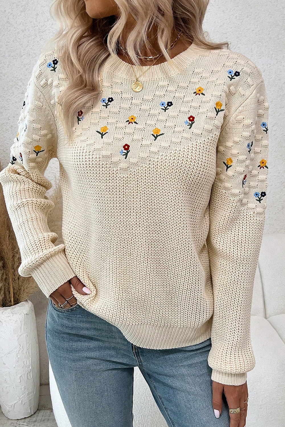 Jet Stream Mixed Texture Knit Flower Embroidered Detail Casual Sweater - loveforevers