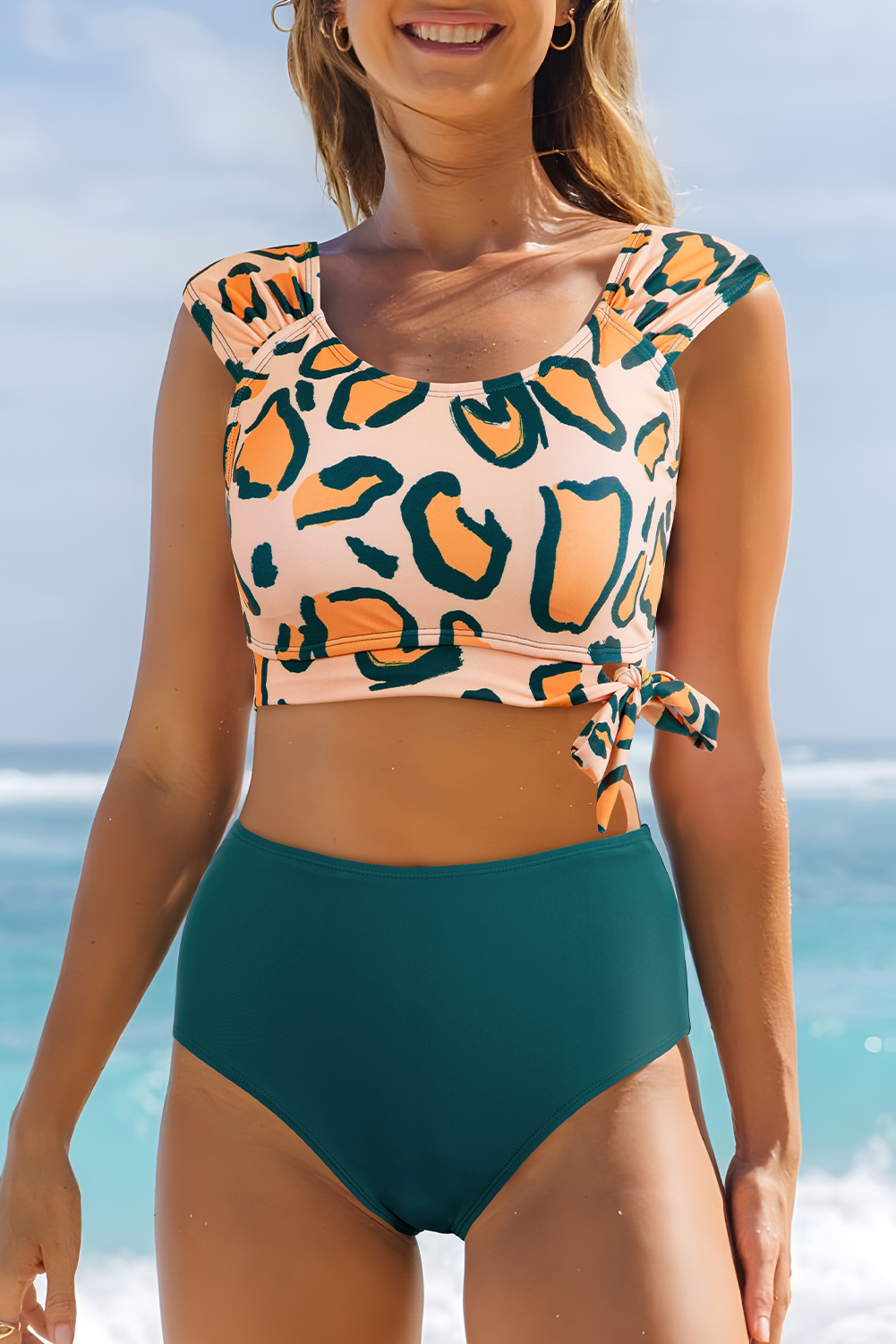 Green Leopard Print U Neck Knotted High Waist Bikini Set - loveforevers