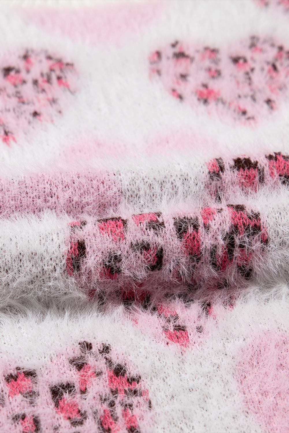 Pink Heart Leopard Print Pearled Ribbed Trim Fuzzy Sweater - loveforevers
