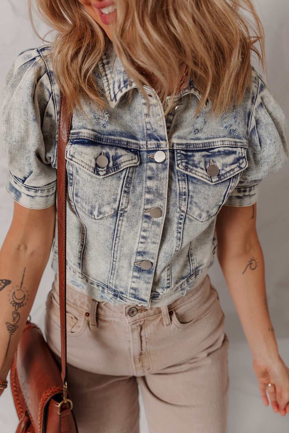 Beau Blue Light Wash Buttoned Chest Pocket Puff Sleeve Denim Jacket - loveforevers