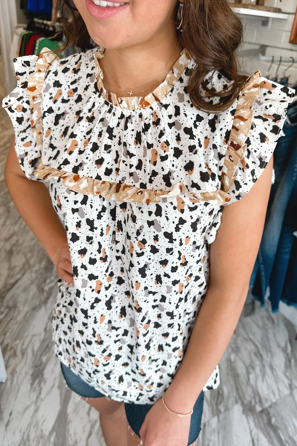 White Frilly Trim Leopard Animal Spots Blouse - loveforevers
