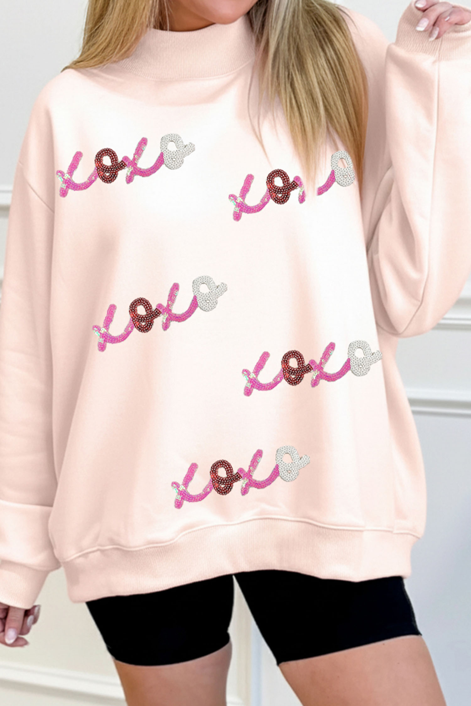 Apricot Pink Sequin xoxo Patched Mock Neck Oversize Sweatshirt - loveforevers