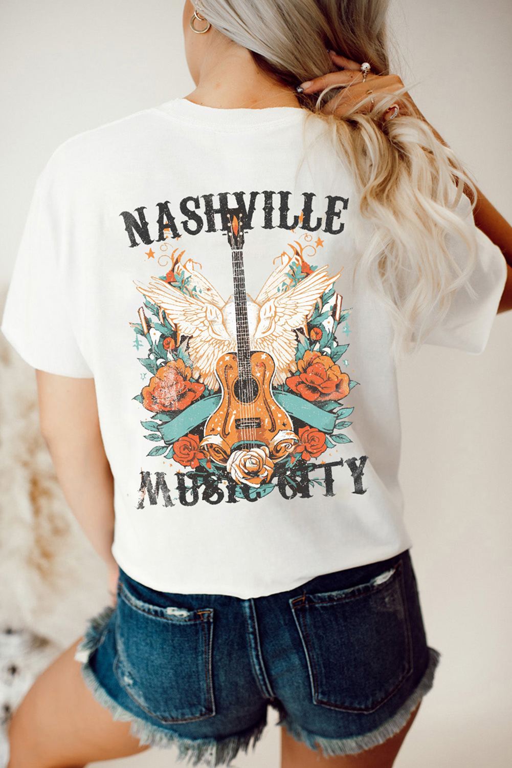 White NASHVILLE MUSIC CITY Guitar Wings Graphic Tee - loveforevers