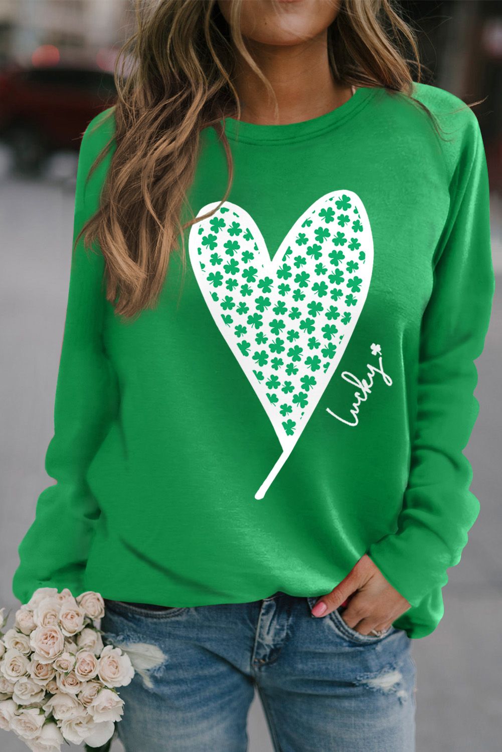 Green St. Patricks LUCKY Clover Print Raglan Sleeve Sweatshirt - loveforevers