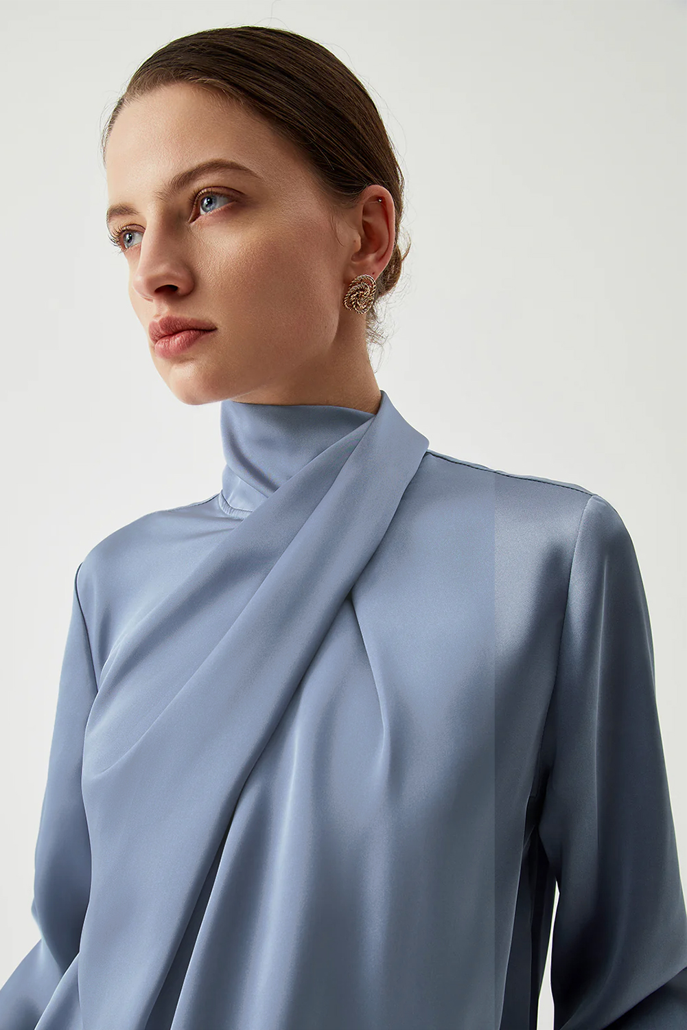 Ivy Asymmetric Pleated Turtleneck Bell Sleeve Blouse - loveforevers