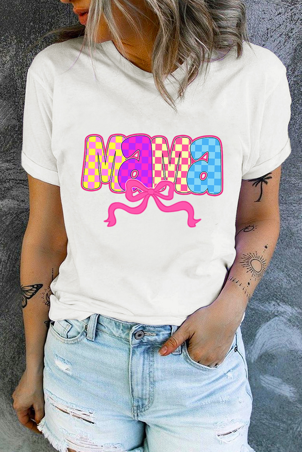 White MAMA Checkered Bow Knot Print Crewneck T Shirt - loveforevers